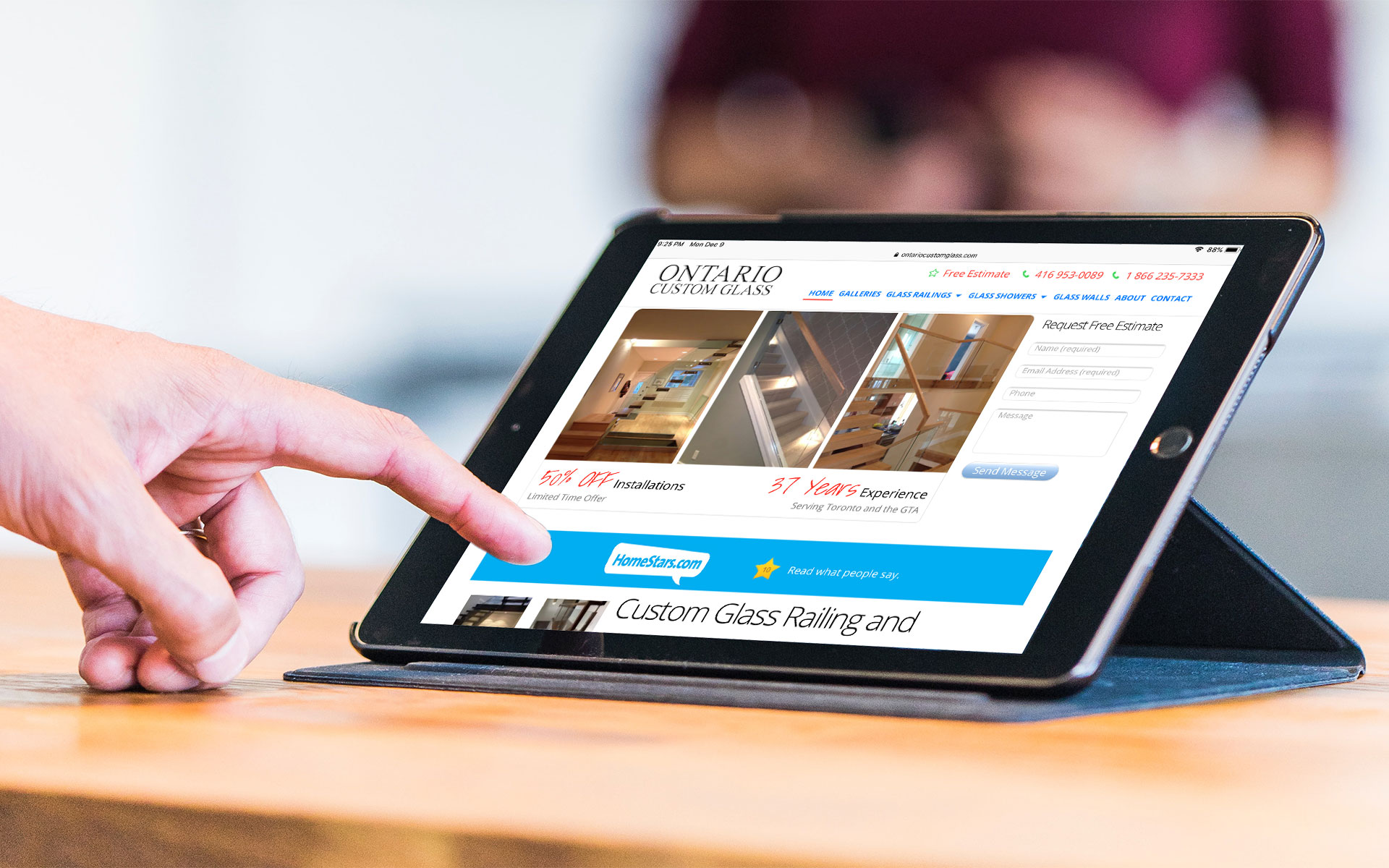 iPad displaying Ontario Custom Glass home page.