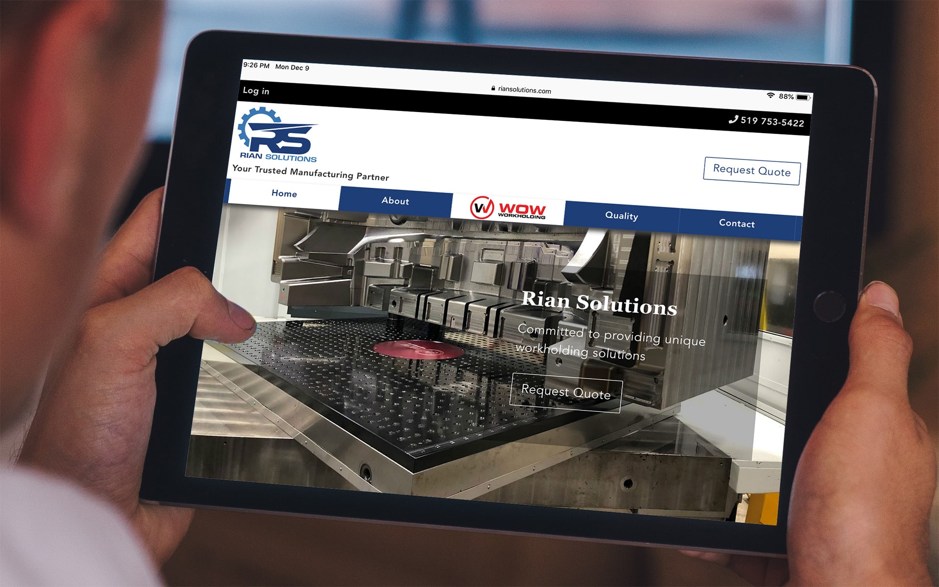 Rian Solutions web site home page displayed on an iPad.