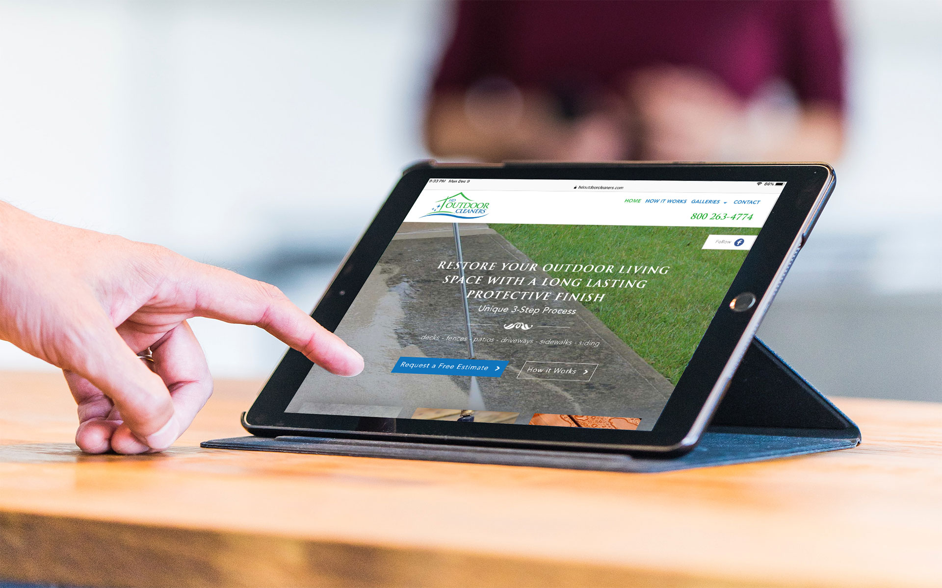 Mockup of HDOutdoor Cleaners website home page displayed on an iPad.