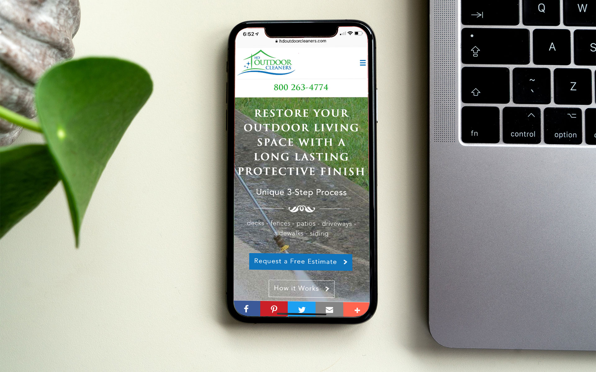 Mockup of HDOutdoor Cleaners website home page displayed on an iPhone.