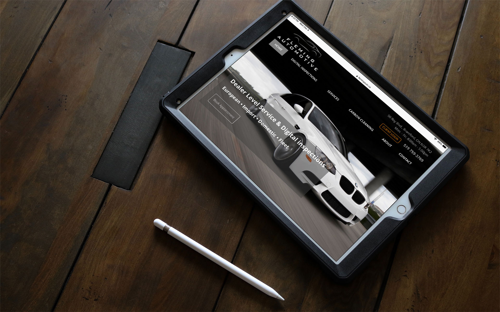 Fleming Automotive web site displayed on an iPad.