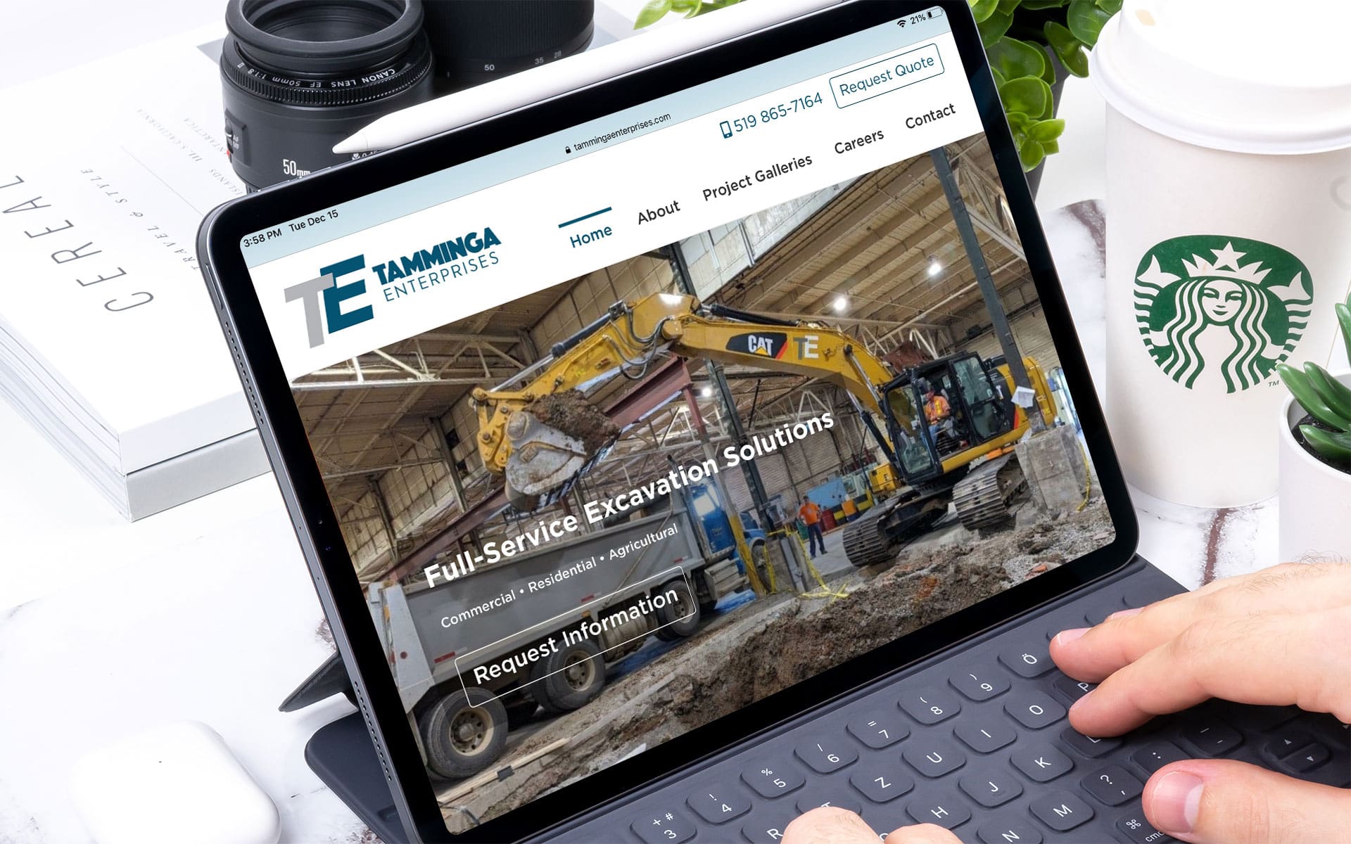 Mock-up of the new Tamminga Enterprises web site design on an iPad.