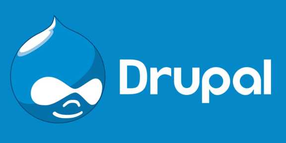 Drupal logo and name on a blue background.