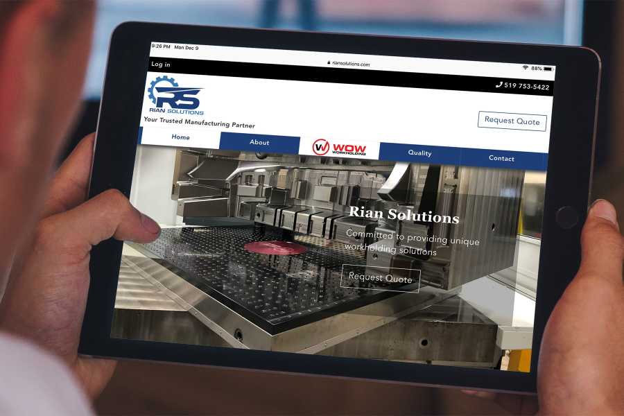 Rian Solutions web site home page displayed on an iPad.