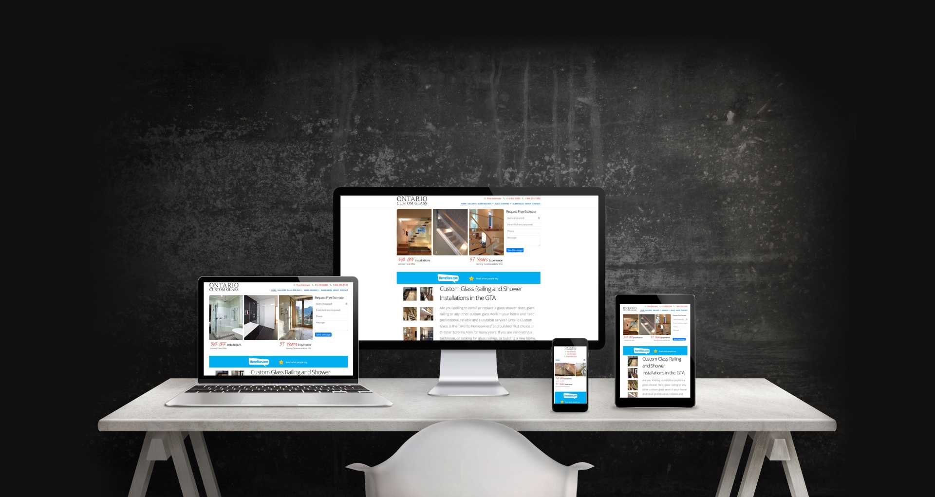 Mockup of Ontario Custom Glass website showing desktop and mobile displays.