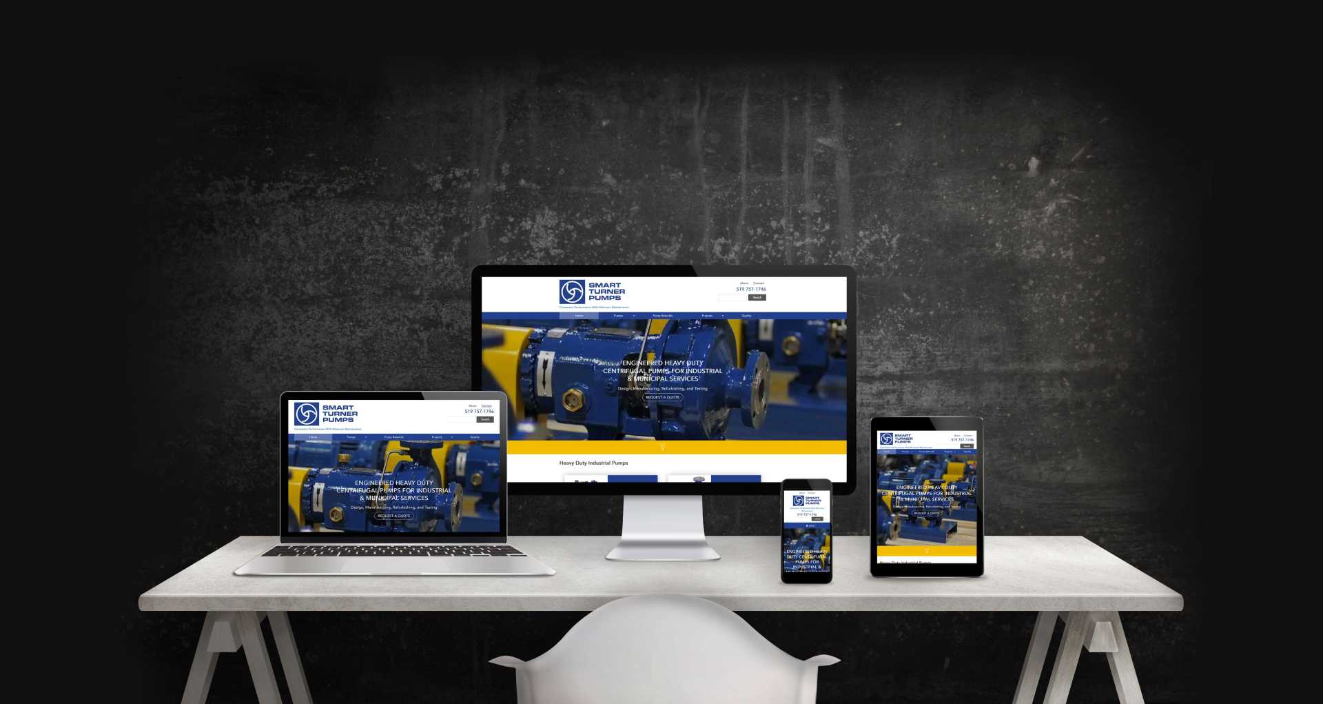Mockup of mobile and desktop displays of the Smart Turner Pumps website.