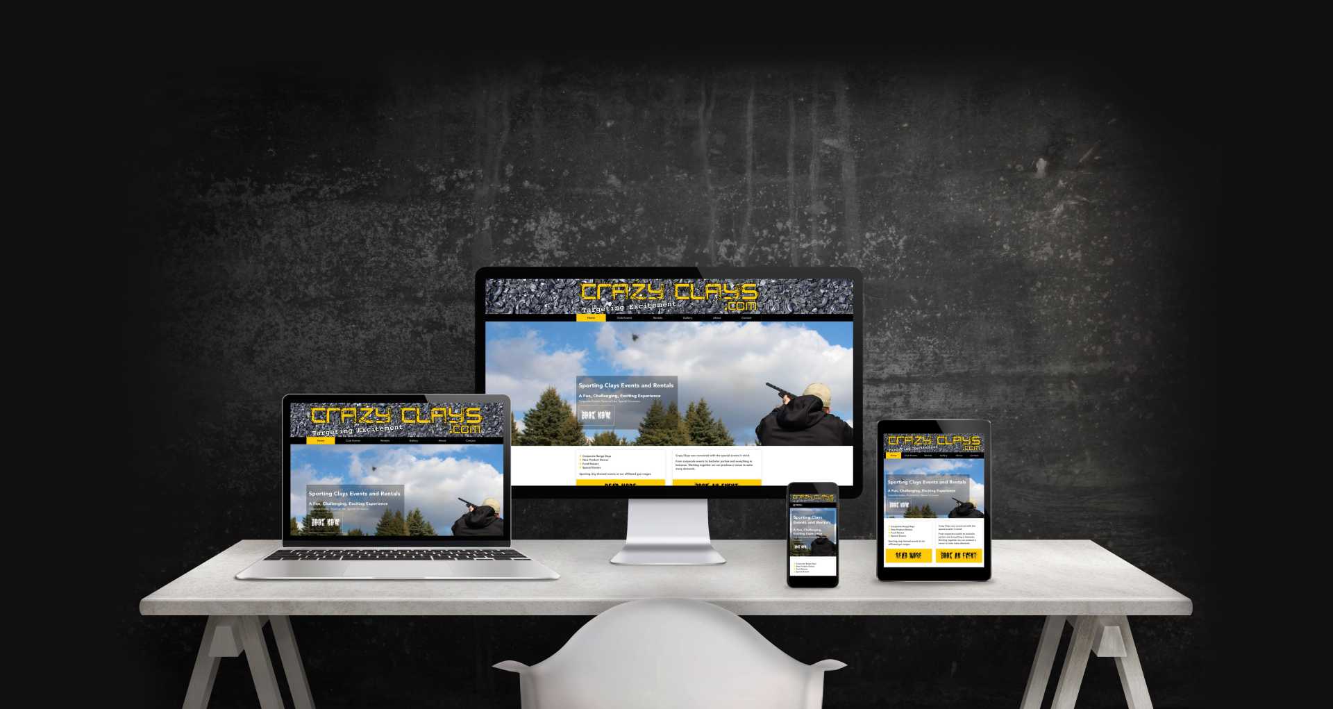 Mock-up of Crazy Clays website showing desktop, laptop, tablet, and mobile home page layout.