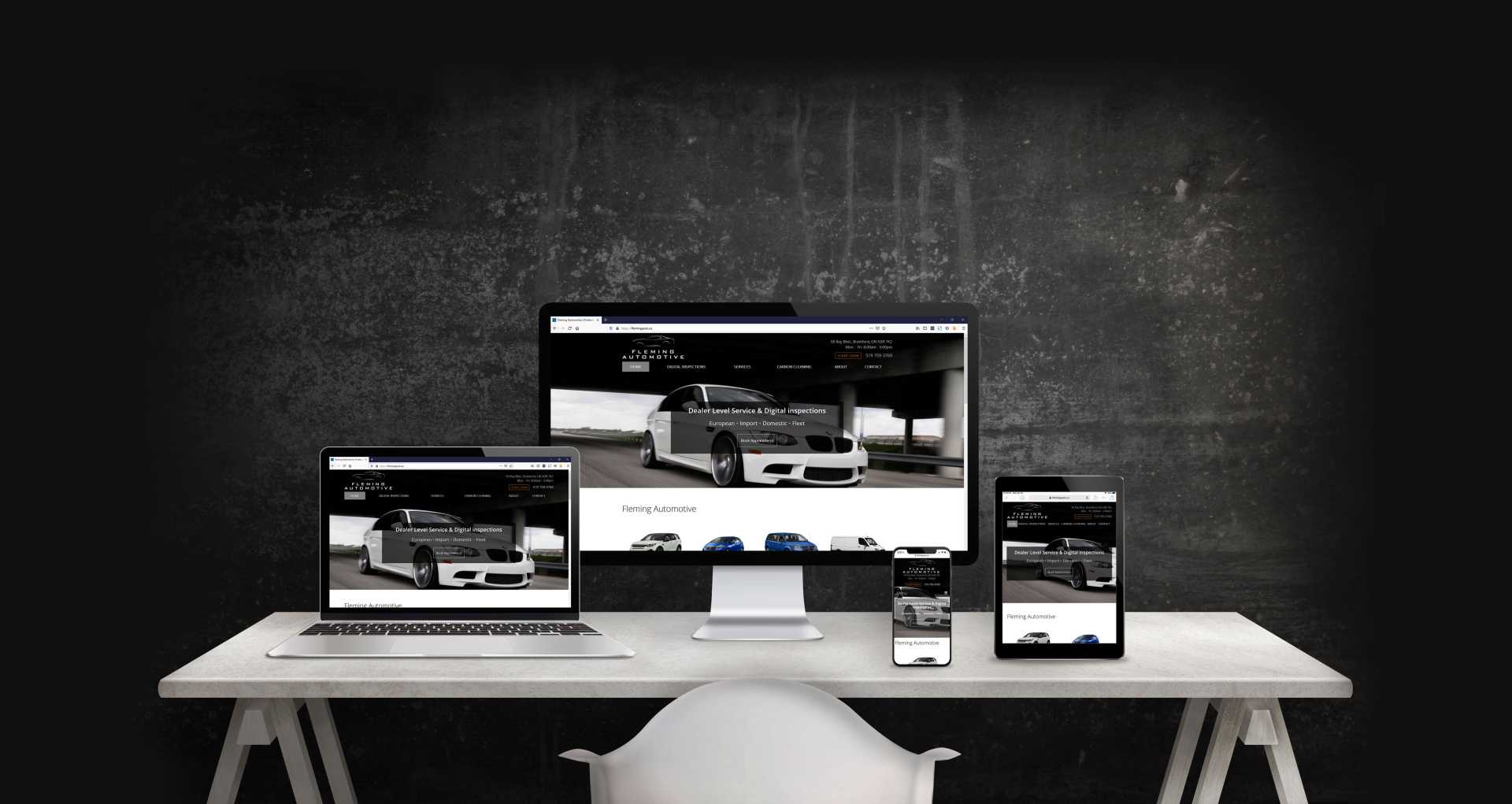 Mockup of the Fleming Automotive website showing desktop, laptop, iPad, and iPhone web layout.