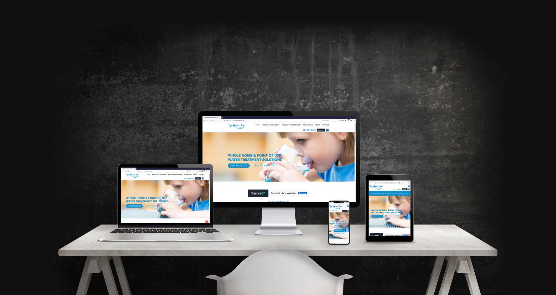 Web design mock-up of The Water Bar website showing layout on desktop, laptop, tablet and mobile.