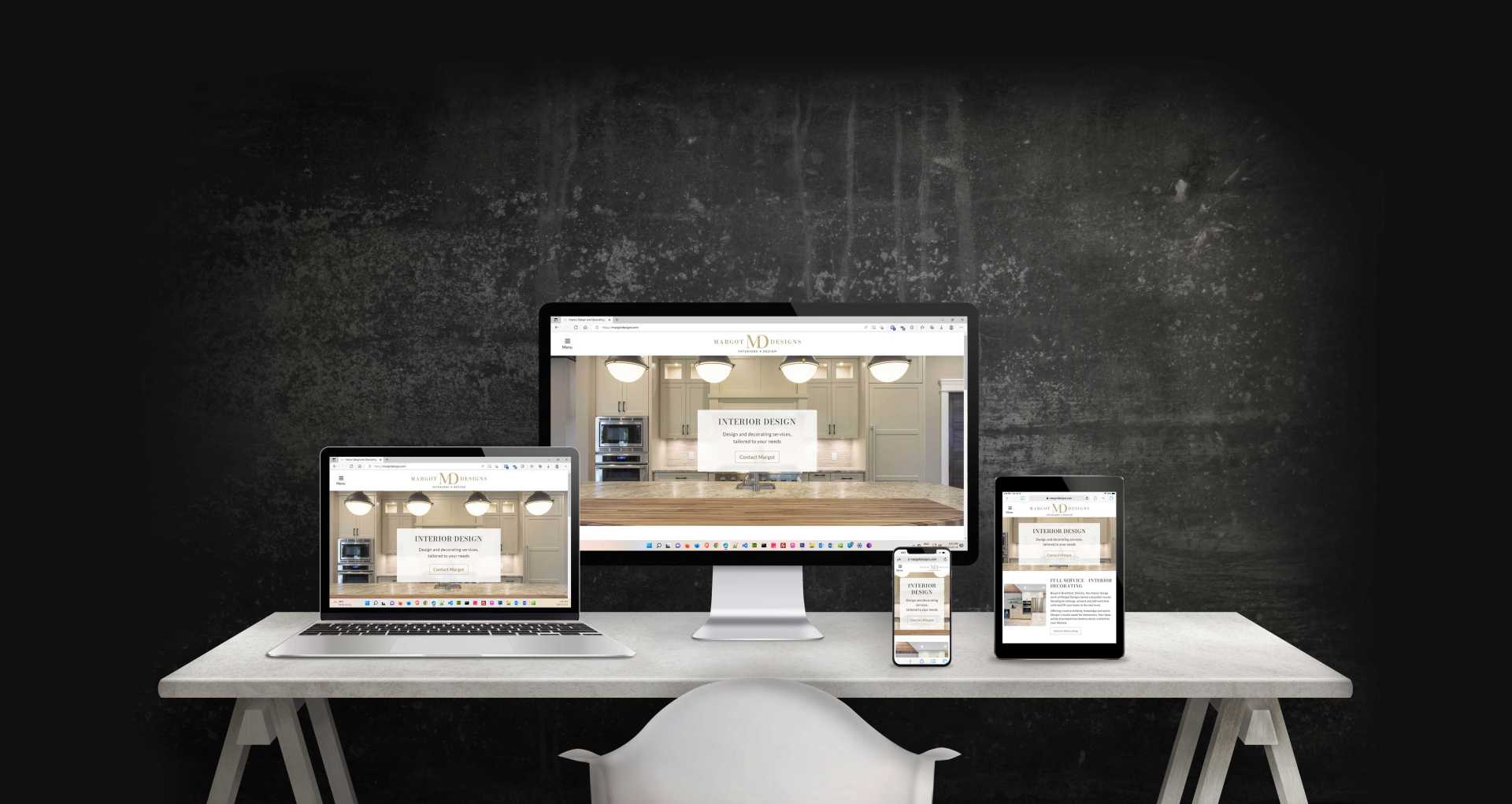 Margot Designs web site mockup showing display on iPhone, iPad, laptop, and desktop.