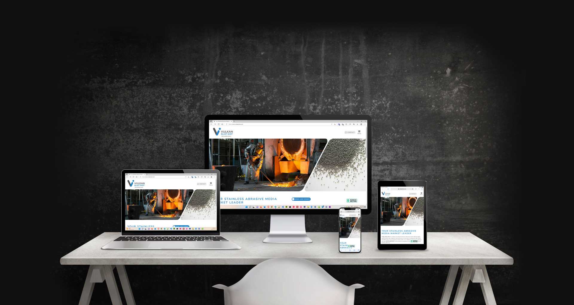 Mockup of Vulkan Blast Shot website showing desktop, laptop, tablet and mobile views.