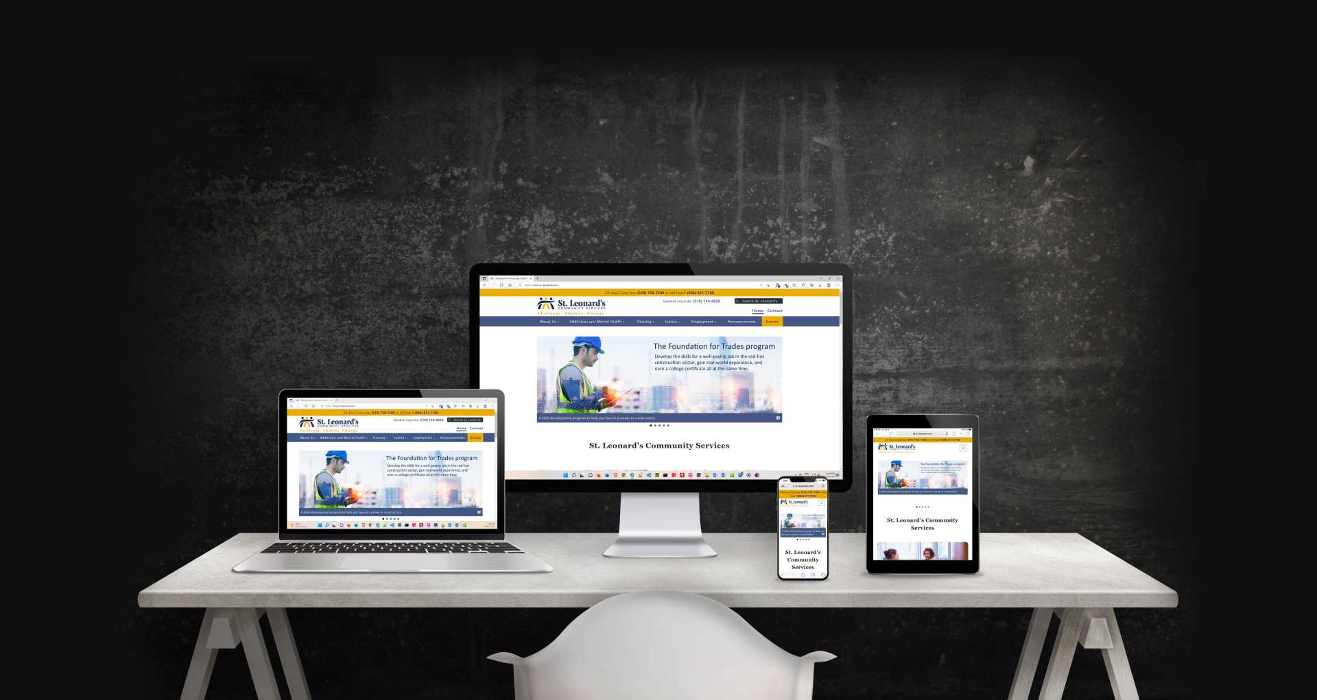 Mock-up showing new St. Leonard's website design on desktop, laptop, tablet, and mobile.