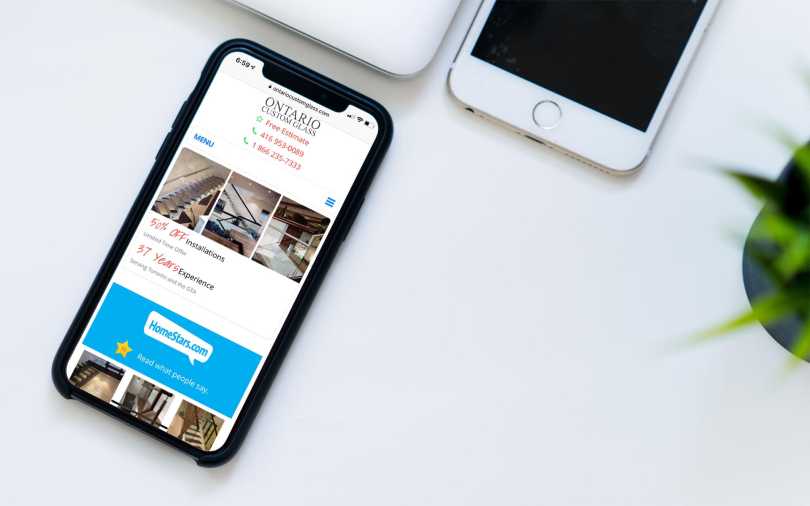 iPhone showing Ontario Custom Glass home page.