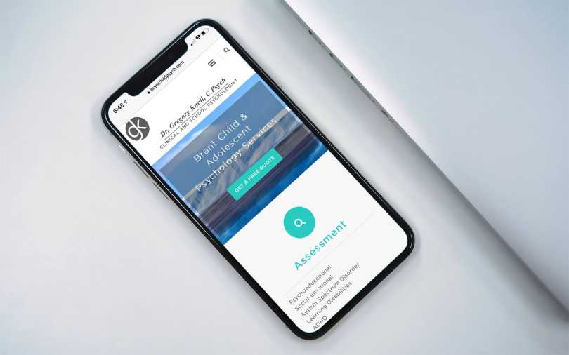 Home page of the Brant Child and Adolescent Psychology web site displayed on an iPhone.
