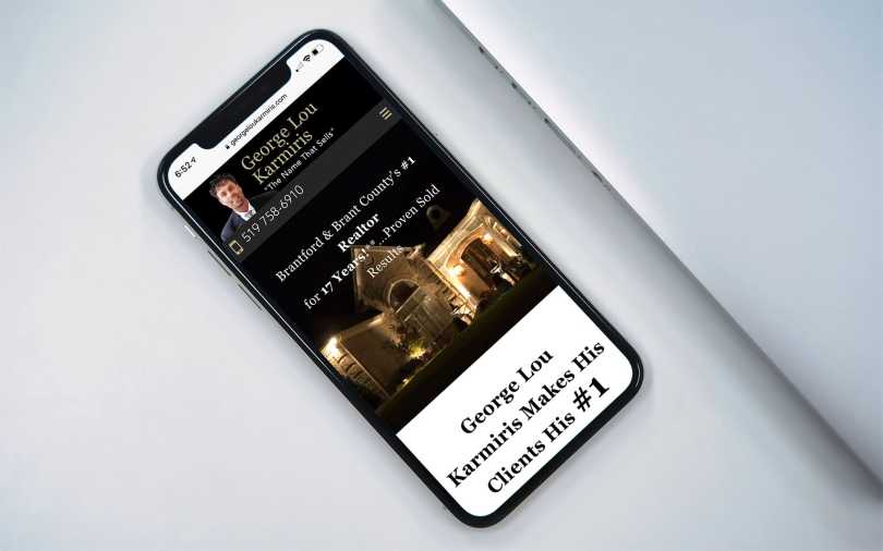 Mock-up of georgeloukarmiris.com showing iPhone layout.