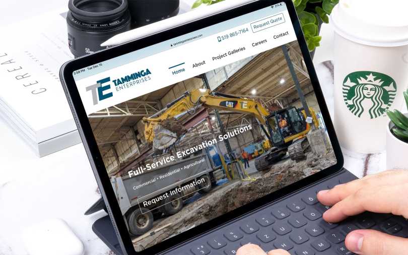 Mock-up of the new Tamminga Enterprises web site design on an iPad.