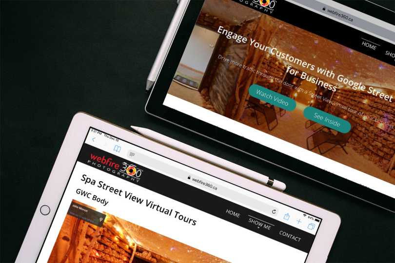 WebFire 360 Photography home page and virtual tour page mock-up on an iPad.