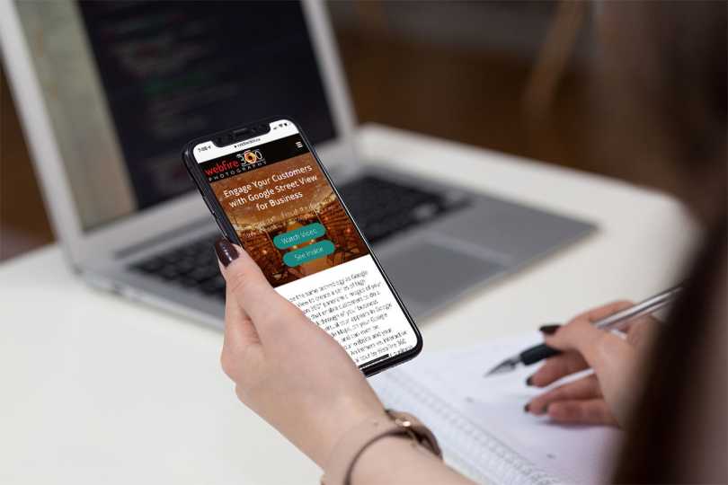 WebFire 360 Photography home page mock-up on an iPhone.