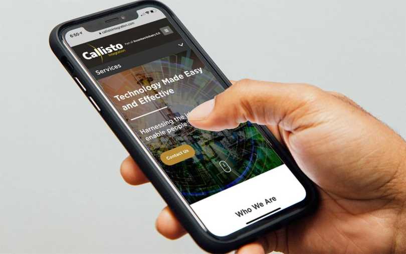 Mock-up of Callisto Integration website on an iPhone.