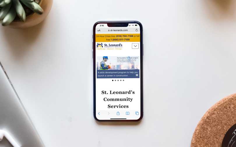 Mock-up of new St. Leonard's website on iPhone.